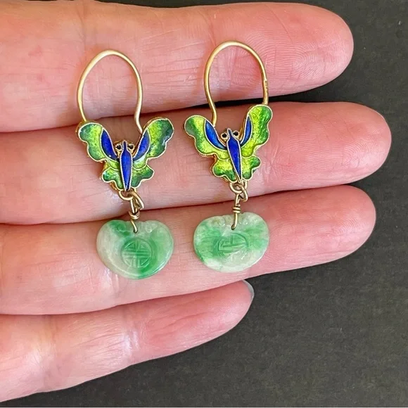 Antique Chinese export gilt silver carved jade & enamel butterfly earrings.